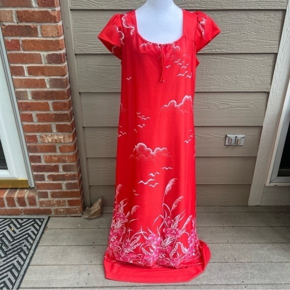 Ja Na Hawaii‎ Red Maxi Dress Clouds Seagulls Pink Flowers  Aloha Vintage 16 Rare